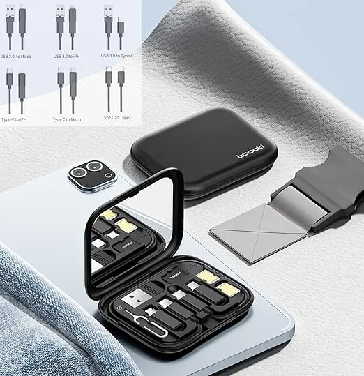 Portable 5-in-1 Multi-Cable Travel Kit with Storage Case, USB 3.0 and Type-C Compatible, 6 Charging Cables for iPhone, Micro USB, Type-C Devices, Black - Product Details